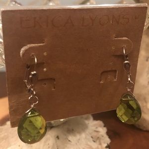Erica Lyons Citrine Green Glass Faceted and Silver Wired Dangly Pierced Earrings
